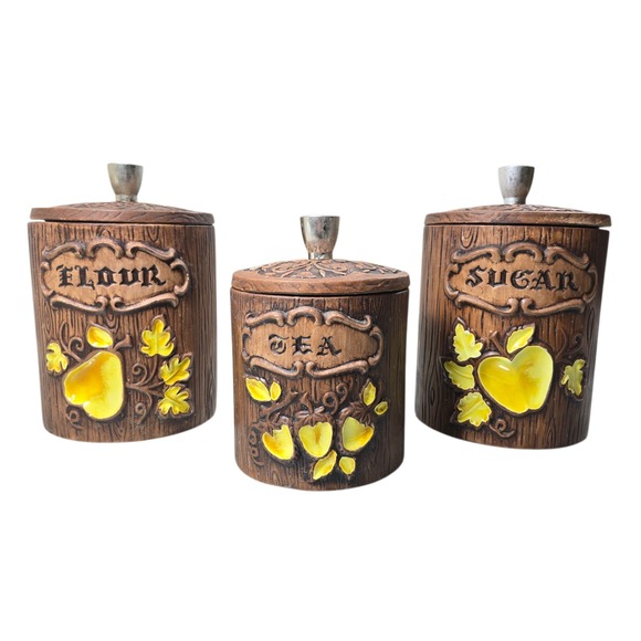 Vintage Treasure Craft Canister Set Flour Sugar Tea Kitchen Storage Brown - Picture 1 of 12